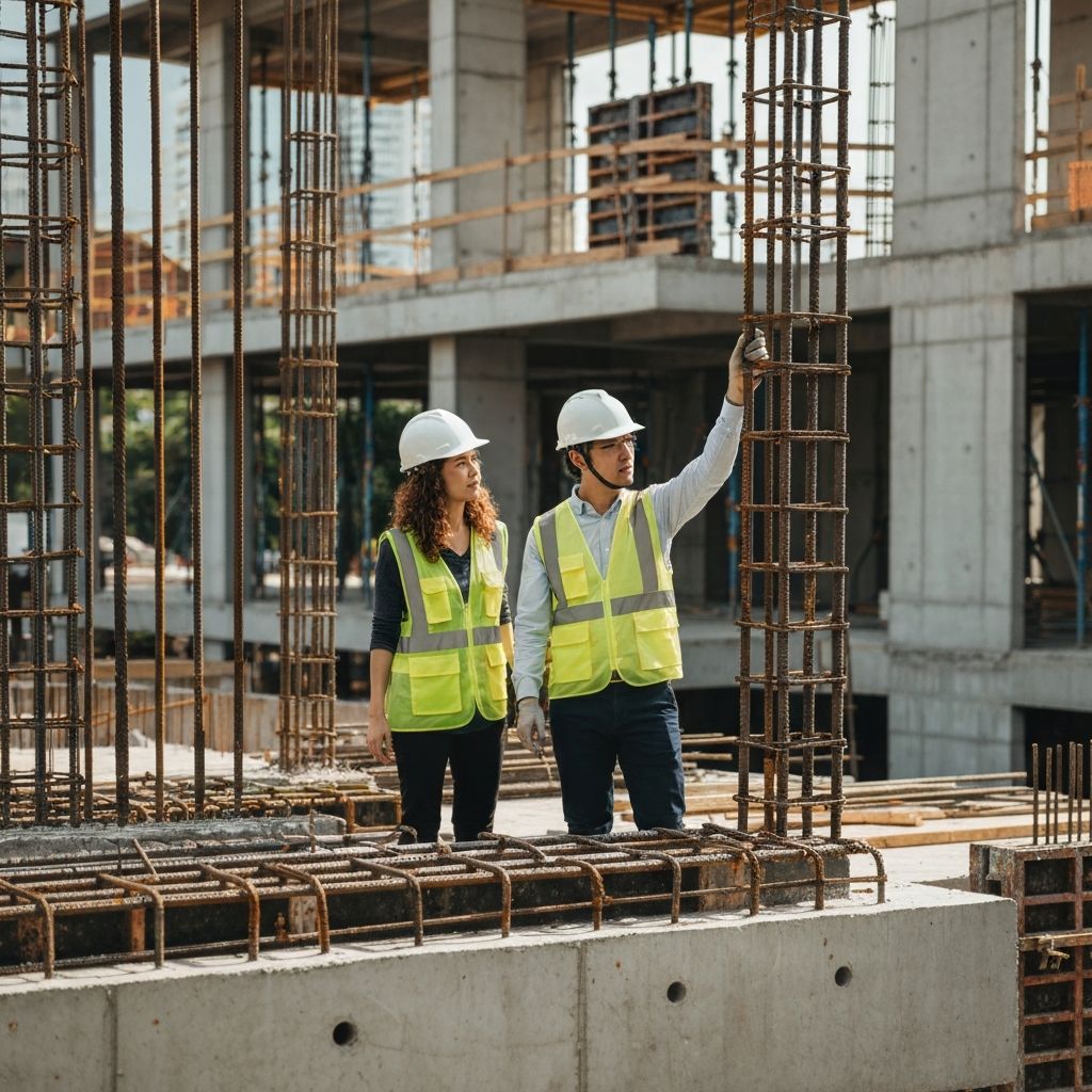 Equipe de engenharia estrutural inspecionando construção em concreto armado